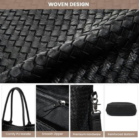 Woven Vegan Leather Tote Bag Chic Minimal Elegant Work Travel Crossbody Purse - Picture 5 of 7